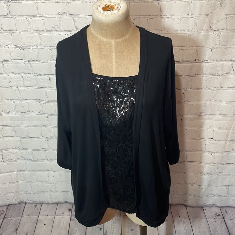 August Silk Petite Black Sequin Tank Top and Cardigan Set Y2K PM